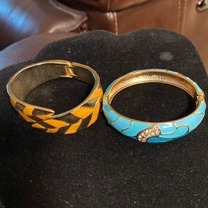 Costume Jewelry, 2 Hinged Bracelets, Orange & Goldtone, Blue with Rhinestones,